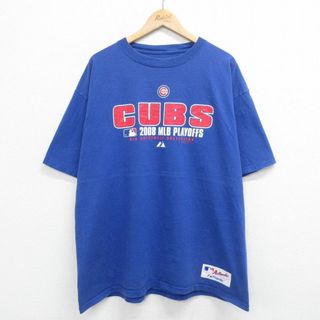 マジェスティック(Majestic)のXL★古着 マジェスティック 半袖 ビンテージ Tシャツ メンズ 00年代 00s MLB シカゴカブス 大きいサイズ コットン クルーネック 青 ブルー メジャーリーグ ベースボール 野球 23jun13 中古(Tシャツ/カットソー(半袖/袖なし))