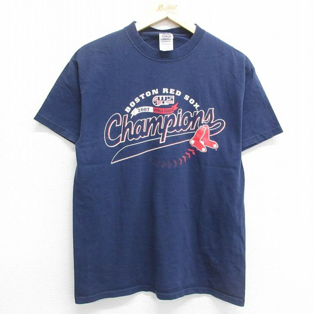 M★古着 半袖 ビンテージ Tシャツ メンズ 00年代 00s MLB ボストンレッドソックス ワールドシリーズ コットン クルーネック 紺 ネイビー メジャーリーグ ベースボール 野球 23jun14 中古 メンズのトップス(Tシャツ/カットソー(半袖/袖なし))の商品写真