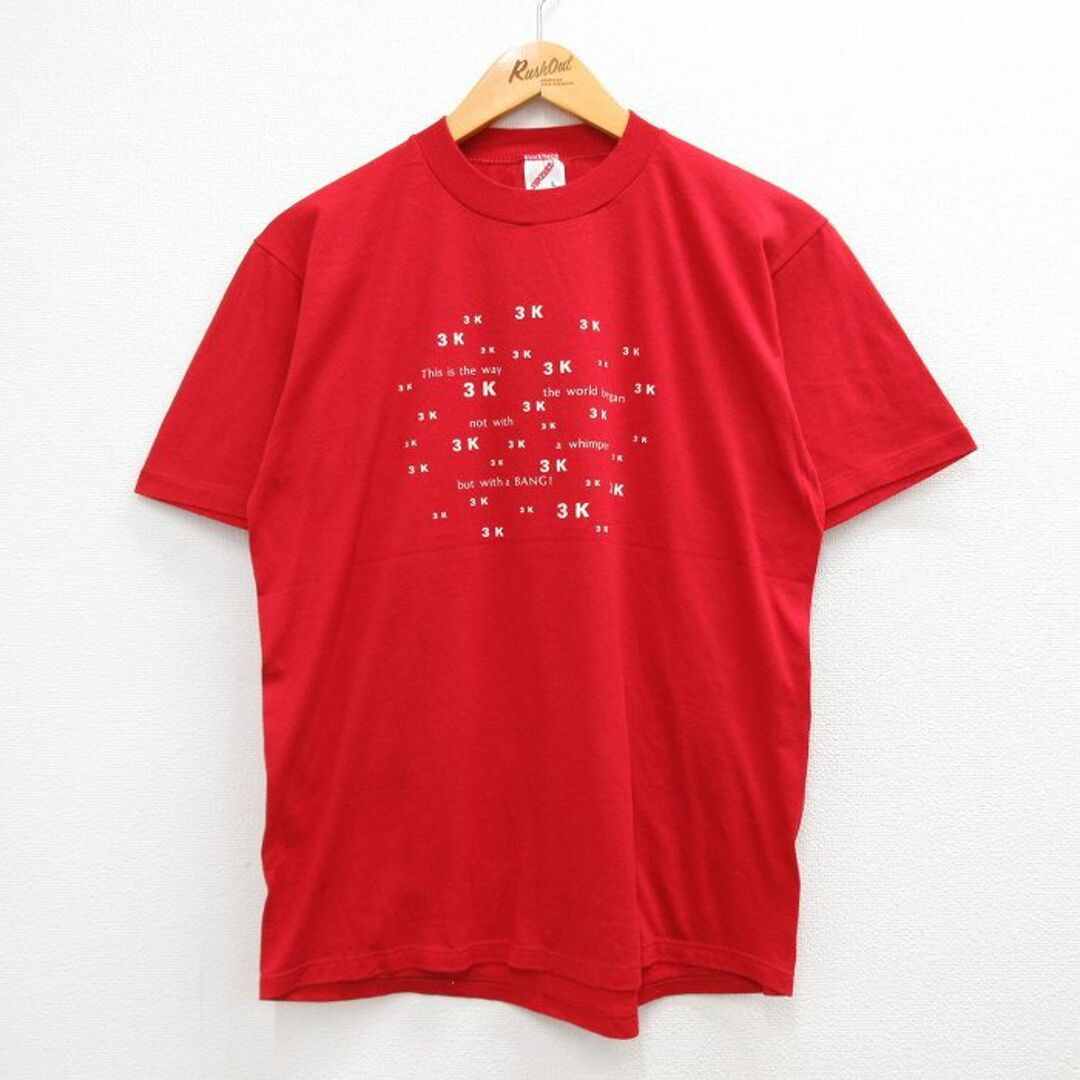 L★古着 半袖 ビンテージ Tシャツ メンズ 90年代 90s 3K クルーネック USA製 赤 レッド 【spe】 23jun14 中古 メンズのトップス(Tシャツ/カットソー(半袖/袖なし))の商品写真