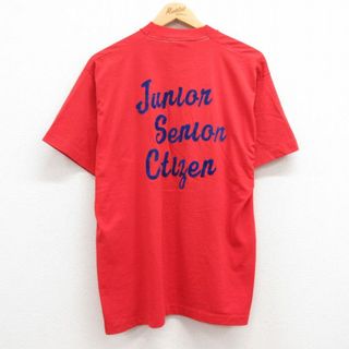 XL★古着 半袖 ビンテージ Tシャツ メンズ 80年代 80s Junior フロッキープリント クルーネック USA製 赤 レッド 23jun14 中古(Tシャツ/カットソー(半袖/袖なし))