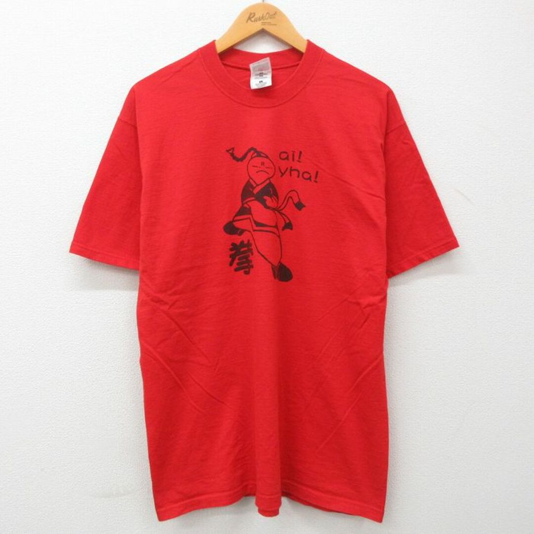 L★古着 半袖 ビンテージ Tシャツ メンズ 00年代 00s 拳 人 コットン クルーネック 赤 レッド 23jun14 中古 メンズのトップス(Tシャツ/カットソー(半袖/袖なし))の商品写真