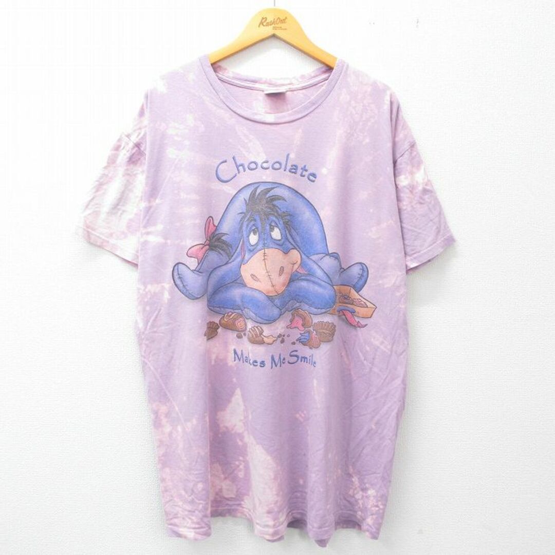 Disney(ディズニー)のXL★古着 半袖 ビンテージ Tシャツ メンズ 00年代 00s ディズニー DISNEY くまのプーさん イーヨー 大きいサイズ ロング丈 クルーネック 紫他 パープル ブリーチ加工 23jun15 中古 メンズのトップス(Tシャツ/カットソー(半袖/袖なし))の商品写真