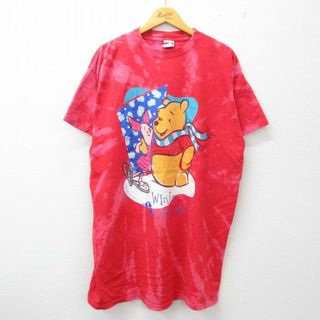 ディズニー(Disney)のXL★古着 半袖 ビンテージ Tシャツ メンズ 00年代 00s ディズニー DISNEY くまのプーさん ピグレット 大きいサイズ ロング丈 コットン クルーネック 赤他 レッド ブリーチ加工 23jun15 中古(Tシャツ/カットソー(半袖/袖なし))