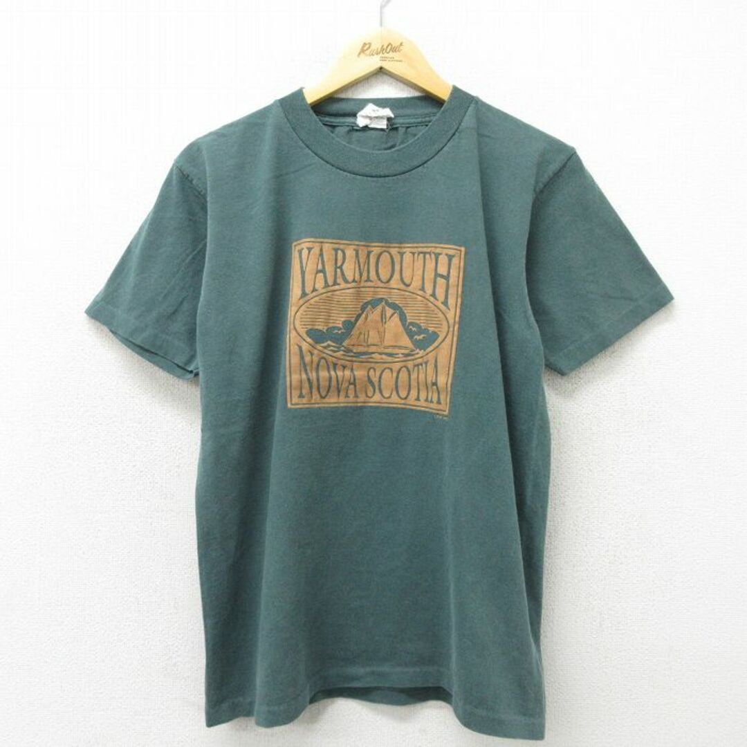 L★古着 半袖 ビンテージ Tシャツ メンズ 90年代 90s 船 コットン クルーネック カナダ製 濃緑 グリーン 23jun15 中古 メンズのトップス(Tシャツ/カットソー(半袖/袖なし))の商品写真