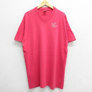 XL★古着 半袖 ビンテージ Tシャツ メンズ 90年代 90s プリンセスハウス 花 ロング丈 大きいサイズ コットン Vネック USA製 濃ピンク 23jun16 中古(Tシャツ/カットソー(半袖/袖なし))