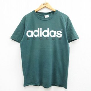 アディダス(adidas)のL★古着 アディダス adidas 半袖 ビンテージ Tシャツ メンズ 90年代 90s サッカー ビッグロゴ コットン クルーネック USA製 濃緑 グリーン 23jun17 中古(Tシャツ/カットソー(半袖/袖なし))