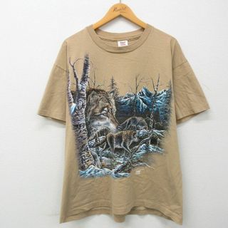 XL★古着 半袖 ビンテージ Tシャツ メンズ 90年代 90s オオカミ コットン クルーネック USA製 ベージュ カーキ 23jun17 中古(Tシャツ/カットソー(半袖/袖なし))