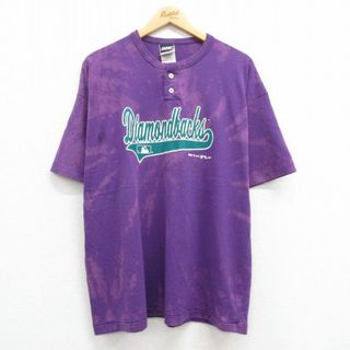 XL★古着 半袖 ビンテージ Tシャツ メンズ 90年代 90s MLB ダイヤモンドバックス 大きいサイズ ヘンリーネック 紫 パープル ブリーチ加工 メジャーリーグ ベースボール 野球 23jun17 中古(Tシャツ/カットソー(半袖/袖なし))