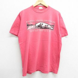 XL★古着 半袖 ビンテージ Tシャツ メンズ 90年代 90s トライアスロン 企業広告 クルーネック 赤系 レッド 23jun17 中古(Tシャツ/カットソー(半袖/袖なし))