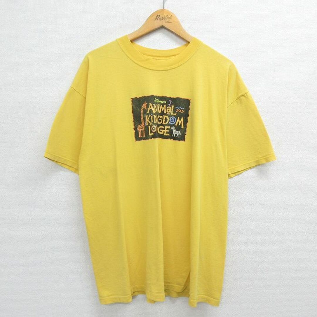 Disney(ディズニー)のL★古着 半袖 ビンテージ Tシャツ メンズ 90年代 90s ディズニー DISNEY アニマルキングダムロッジ 大きいサイズ コットン クルーネック カナダ製 黄 イエロー 【spe】 23jun17 中古 メンズのトップス(Tシャツ/カットソー(半袖/袖なし))の商品写真