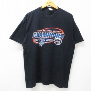 マジェスティック(Majestic)のXL★古着 マジェスティック 半袖 ビンテージ Tシャツ メンズ 00年代 00s MLB ニューヨークメッツ コットン クルーネック 黒 ブラック メジャーリーグ ベースボール 野球 23jun17 中古(Tシャツ/カットソー(半袖/袖なし))