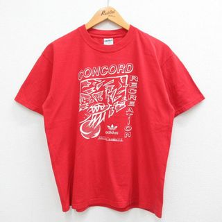 アディダス(adidas)のL★古着 アディダス adidas 半袖 ビンテージ Tシャツ メンズ 00年代 00s ワンポイントロゴ リーフ トレフォイル CONCORD コットン クルーネック 赤 レッド 23jun19 中古(Tシャツ/カットソー(半袖/袖なし))