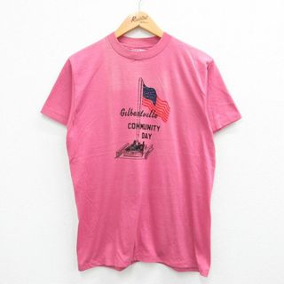 ヘインズ(Hanes)のM★古着 ヘインズ Hanes 半袖 ビンテージ Tシャツ メンズ 80年代 80s 星条旗 クルーネック USA製 濃ピンク系 23jun19 中古(Tシャツ/カットソー(半袖/袖なし))