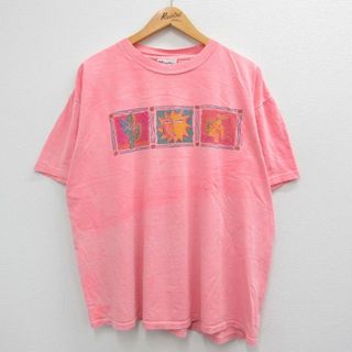 XL★古着 半袖 ビンテージ Tシャツ メンズ 90年代 90s 太陽 サボテン 大きいサイズ コットン クルーネック USA製 ピンク 23jun19 中古(Tシャツ/カットソー(半袖/袖なし))