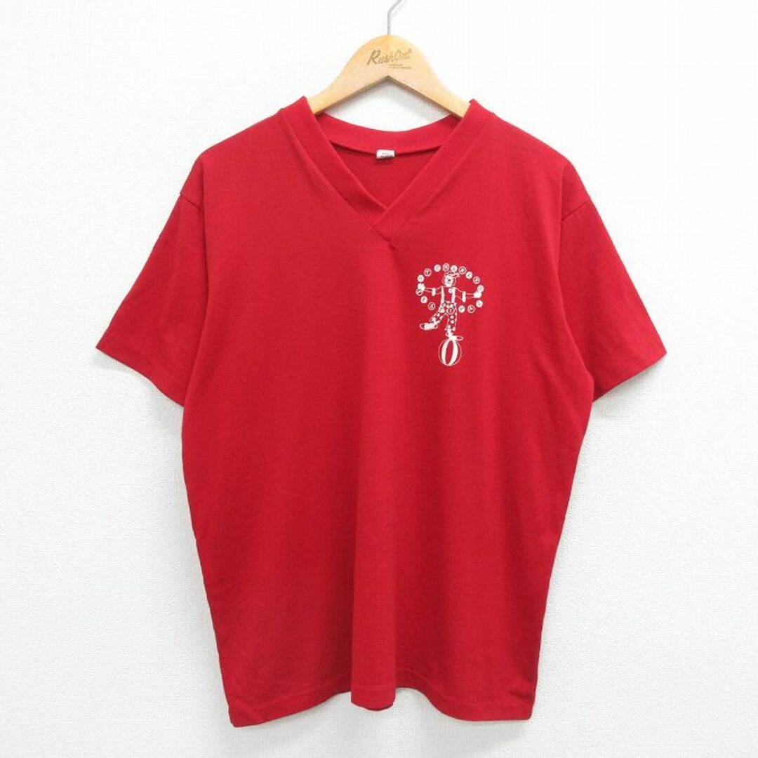 L★古着 半袖 ビンテージ Tシャツ メンズ 90年代 90s ピエロ 企業広告 Vネック USA製 赤 レッド 23jun19 中古 メンズのトップス(Tシャツ/カットソー(半袖/袖なし))の商品写真