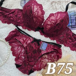 №614【B75】ピオニーディープレースブラジャー&バック透けショーツ(ブラ&ショーツセット)