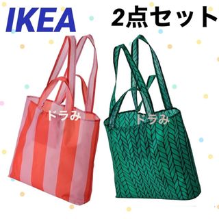 イケア(IKEA)のイケア　スキンケ グリーン/葉、ピンク/ストライプ 2点セット(トートバッグ)