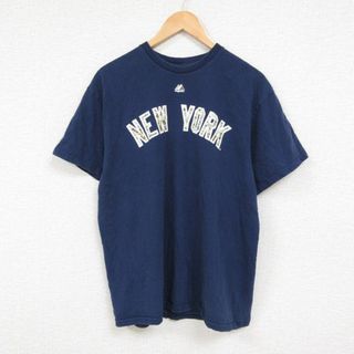 マジェスティック(Majestic)のL★古着 マジェスティック 半袖 Tシャツ メンズ NEW YORK コットン クルーネック 紺 ネイビー 23jun24 中古(Tシャツ/カットソー(半袖/袖なし))