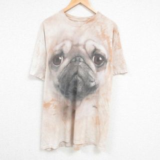 XL★古着 半袖 Tシャツ メンズ パグ 犬 大きいサイズ ロング丈 コットン クルーネック ベージュ他 カーキ タイダイ 23jun21 中古(Tシャツ/カットソー(半袖/袖なし))