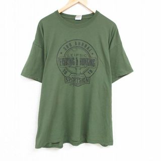 XL★古着 半袖 Tシャツ メンズ シカ 大きいサイズ クルーネック 緑 グリーン 23jun21 中古(Tシャツ/カットソー(半袖/袖なし))