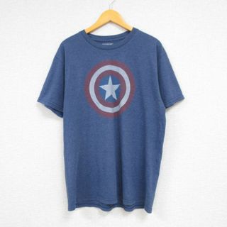 マーベル(MARVEL)のL★古着 半袖 Tシャツ メンズ マーベル キャプテンアメリカ クルーネック 紺 ネイビー 霜降り 23jun24 中古(Tシャツ/カットソー(半袖/袖なし))