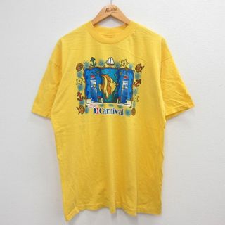 XL★古着 半袖 ビンテージ Tシャツ メンズ 90年代 90s カーニバル 魚 灯台 コットン 大きいサイズ クルーネック 黄 イエロー 23jun21 中古(Tシャツ/カットソー(半袖/袖なし))