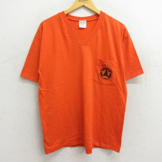 XL★古着 半袖 ビンテージ Tシャツ メンズ 80年代 80s THINK SAFETY 胸ポケット付き Vネック USA製 オレンジ 23jun21 中古(Tシャツ/カットソー(半袖/袖なし))