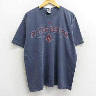 マジェスティック(Majestic)のXL★古着 マジェスティック 半袖 ビンテージ Tシャツ メンズ 00年代 00s MLB ボストンレッドソックス コットン クルーネック 薄紺 ネイビー メジャーリーグ ベースボール 野球 23jun21 中古(Tシャツ/カットソー(半袖/袖なし))