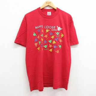 XL★古着 半袖 ビンテージ Tシャツ メンズ 90年代 90s 手 ハンドサイン コットン クルーネック USA製 赤 レッド 23jun21 中古(Tシャツ/カットソー(半袖/袖なし))