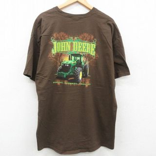 ヘインズ(Hanes)のXL★古着 ヘインズ Hanes 半袖 ビンテージ Tシャツ メンズ 00年代 00s シカ JOHN DEERE トラクター 大きいサイズ コットン クルーネック ロング丈 茶 ブラウン 23jun21 中古(Tシャツ/カットソー(半袖/袖なし))