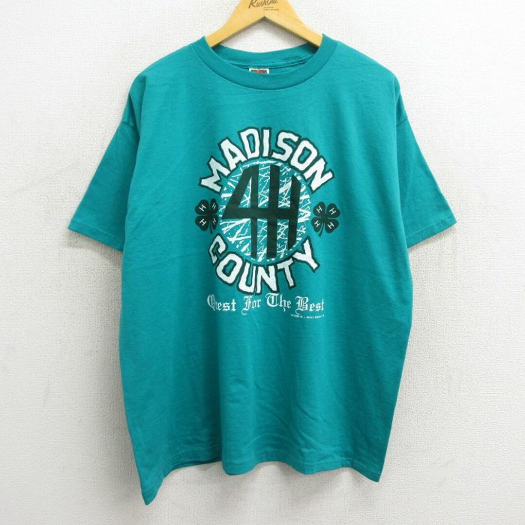 XL★古着 半袖 ビンテージ Tシャツ メンズ 90年代 90s MADISON COUNTY クローバー 大きいサイズ クルーネック 緑 グリーン 23jun21 中古 メンズのトップス(Tシャツ/カットソー(半袖/袖なし))の商品写真