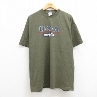 XL★古着 半袖 ビンテージ Tシャツ メンズ 00年代 00s USAロゴ コットン クルーネック 濃緑 グリーン 23jun23 中古(Tシャツ/カットソー(半袖/袖なし))