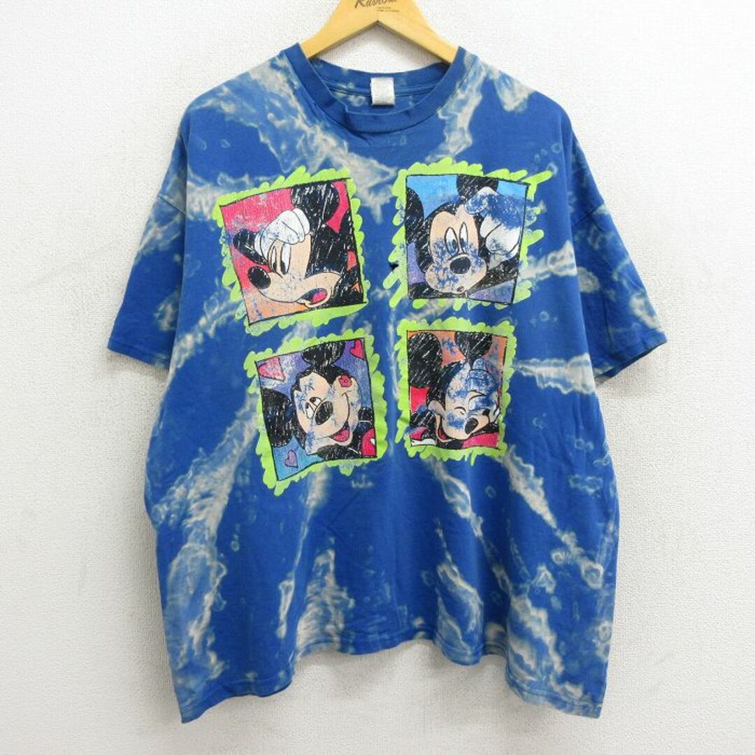 Disney(ディズニー)のXL★古着 半袖 ビンテージ Tシャツ メンズ 90年代 90s ディズニー DISNEY ミッキー MICKEY MOUSE 大きいサイズ コットン クルーネック 青 ブルー ブリーチ加工 23jun23 中古 メンズのトップス(Tシャツ/カットソー(半袖/袖なし))の商品写真