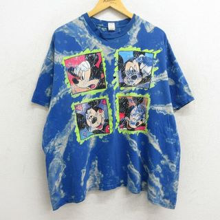 ディズニー(Disney)のXL★古着 半袖 ビンテージ Tシャツ メンズ 90年代 90s ディズニー DISNEY ミッキー MICKEY MOUSE 大きいサイズ コットン クルーネック 青 ブルー ブリーチ加工 23jun23 中古(Tシャツ/カットソー(半袖/袖なし))