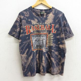 アメリカンイーグル(American Eagle)のL★古着 アメリカンイーグル American Eagle 半袖 ビンテージ Tシャツ メンズ 90年代 90s ベースボール 野球 コットン クルーネック USA製 紺 ネイビー ブリーチ加工 23jun23 中古(Tシャツ/カットソー(半袖/袖なし))