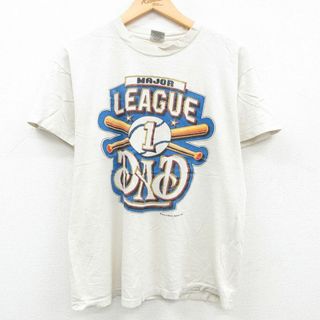 L★古着 半袖 ビンテージ Tシャツ メンズ 90年代 90s MAJOR LEAGUE 野球 コットン クルーネック USA製 薄ベージュ系 カーキ 霜降り 23jun23 中古(Tシャツ/カットソー(半袖/袖なし))