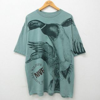 XL★古着 半袖 ビンテージ Tシャツ メンズ 90年代 90s 鳥 NWF 全面プリント 大きいサイズ コットン クルーネック USA製 薄緑 グリーン 【spe】 23jun24 中古(Tシャツ/カットソー(半袖/袖なし))