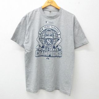 マジェスティック(Majestic)のL★古着 マジェスティック 半袖 ブランド Tシャツ メンズ 00年代 00s MLB ニューヨークヤンキース ワールドシリーズ クルーネック グレー 霜降り メジャーリーグ ベースボール 野球 23jun24 中古(Tシャツ/カットソー(半袖/袖なし))