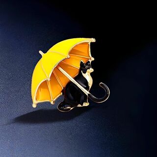 S2370 【動物】 上品 黄色傘＆黒猫 2WAY ペンダントトップ兼ブローチ(ブローチ/コサージュ)