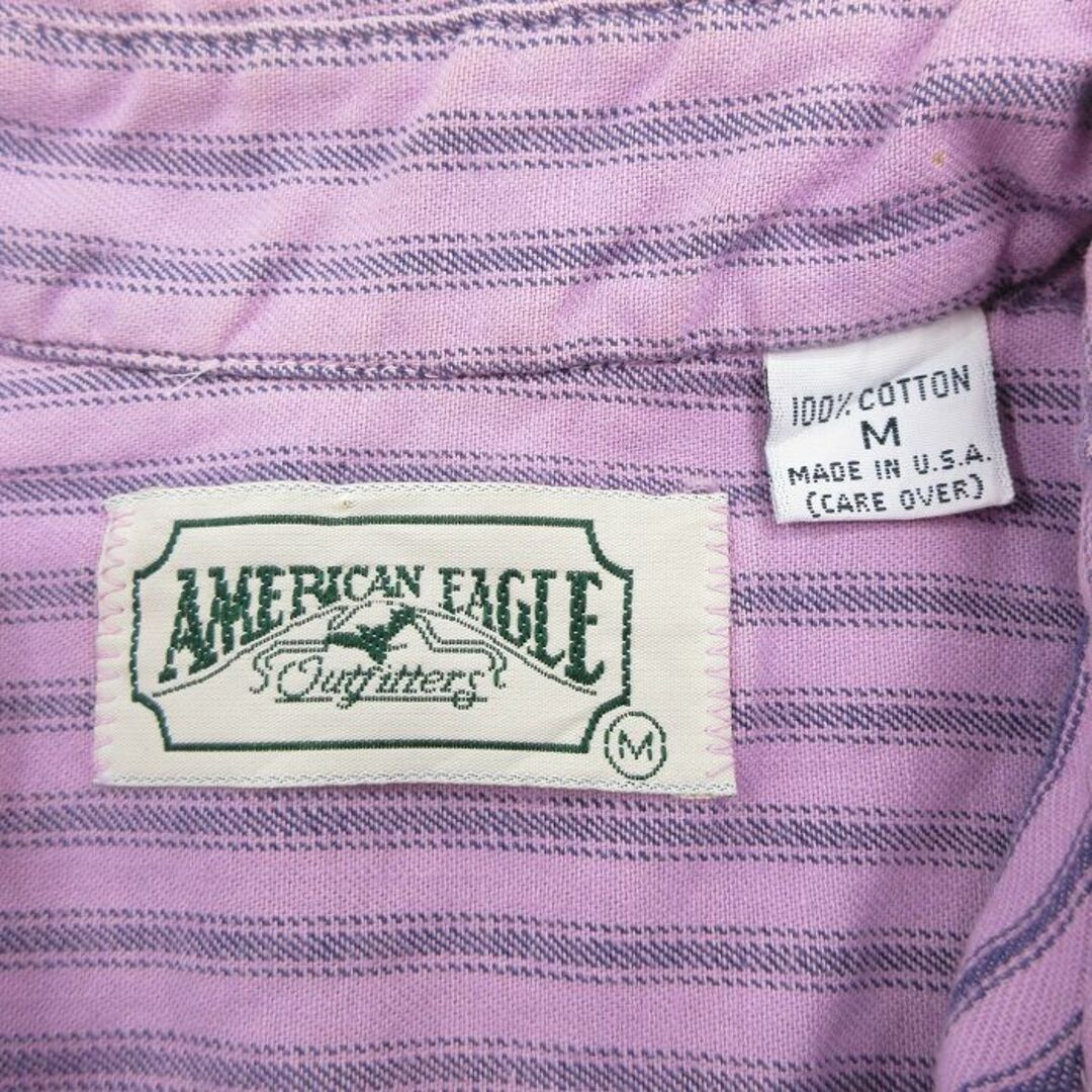 American Eagle(アメリカンイーグル)のL★古着 アメリカンイーグル American Eagle 半袖 シャツ メンズ 90年代 90s コットン USA製 紫他 パープル ストライプ 23jun28 中古 トップス メンズのトップス(シャツ)の商品写真