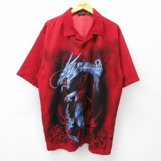 XL★古着 半袖 シャツ メンズ 00年代 00s 龍 ロング丈 開襟 オープンカラー 赤 レッド 23jun29 中古 トップス(シャツ)