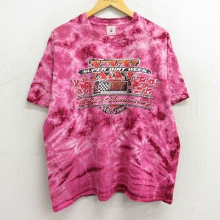 XL★古着 半袖 ビンテージ Tシャツ メンズ 90年代 90s DIRT XXV 大きいサイズ コットン クルーネック 濃ピンク他 タイダイ 23jun28 中古(Tシャツ/カットソー(半袖/袖なし))