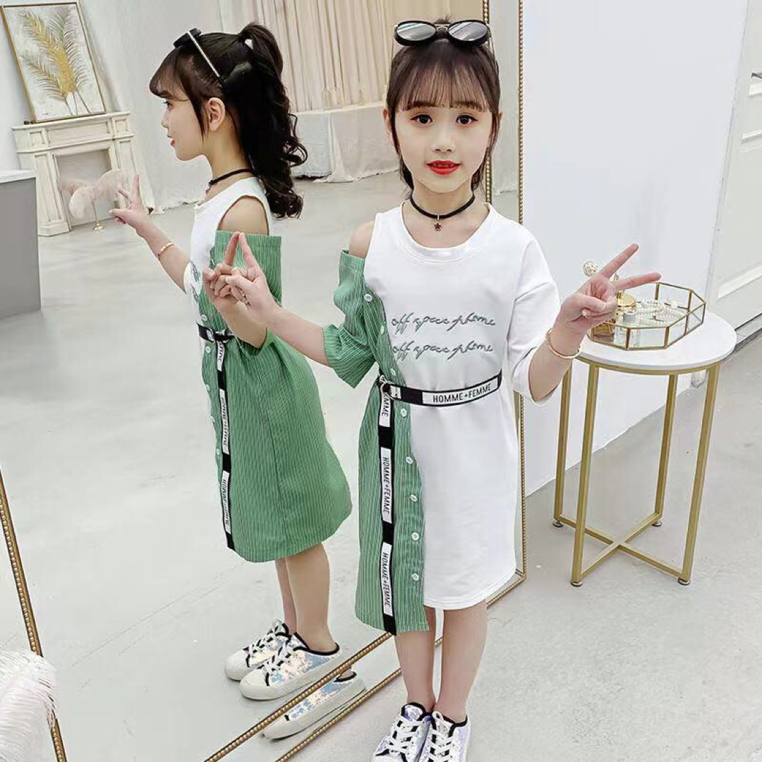 KWDA010キッズ Tシャツワンピース ロング 夏 半袖 プリント 子供服 キッズ/ベビー/マタニティのキッズ服女の子用(90cm~)(ワンピース)の商品写真