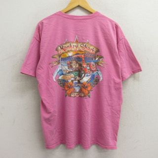 XL★古着 半袖 Tシャツ メンズ 00年代 00s サル サーフボード 車 大きいサイズ コットン クルーネック ピンク 23jun29 中古(Tシャツ/カットソー(半袖/袖なし))