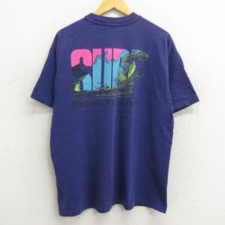 ヘインズ(Hanes)のXL★古着 ヘインズ Hanes 半袖 ビンテージ Tシャツ メンズ 90年代 90s サーフィン バンザイパイプライン コットン クルーネック USA製 紺 ネイビー 【spe】 23jun29 中古(Tシャツ/カットソー(半袖/袖なし))