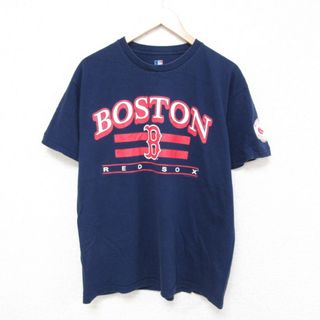 XL★古着 半袖 Tシャツ メンズ MLB ボストンレッドソックス コットン クルーネック 紺 ネイビー メジャーリーグ ベースボール 野球 23jun27 中古(Tシャツ/カットソー(半袖/袖なし))