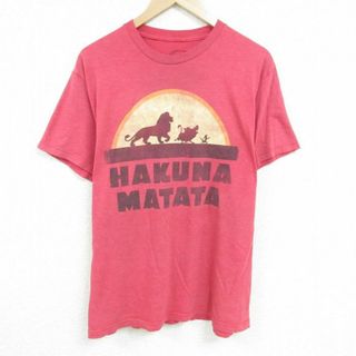 ディズニー(Disney)のXL★古着 半袖 Tシャツ メンズ ディズニー DISNEY ライオンキング ティモン プンバァ ハクナマタタ クルーネック 赤 レッド 霜降り 23jun28 中古(Tシャツ/カットソー(半袖/袖なし))