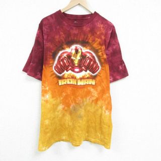 マーベル(MARVEL)のXL★古着 半袖 Tシャツ メンズ マーベル アイアンマン 大きいサイズ ロング丈 コットン クルーネック オレンジ他 タイダイ 23jun28 中古(Tシャツ/カットソー(半袖/袖なし))