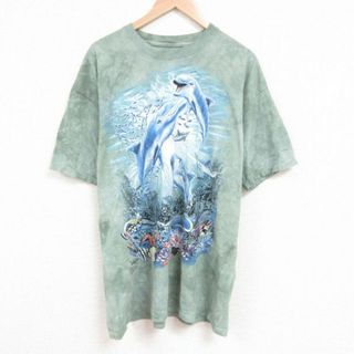 XL★古着 半袖 Tシャツ メンズ イルカ クマノミ 大きいサイズ ロング丈 コットン クルーネック 緑他 グリーン タイダイ 23jun28 中古(Tシャツ/カットソー(半袖/袖なし))