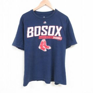 マジェスティック(Majestic)のXL★古着 マジェスティック 半袖 Tシャツ メンズ MLB ボストンレッドソックス 大きいサイズ コットン クルーネック 紺 ネイビー メジャーリーグ ベースボール 野球 23jun29 中古(Tシャツ/カットソー(半袖/袖なし))